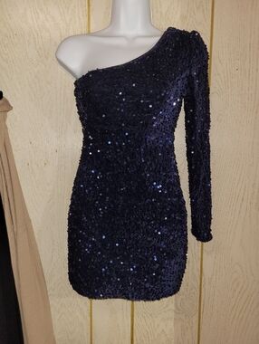 SHEIN Navy One-Shoulder Sequin Mini Dress